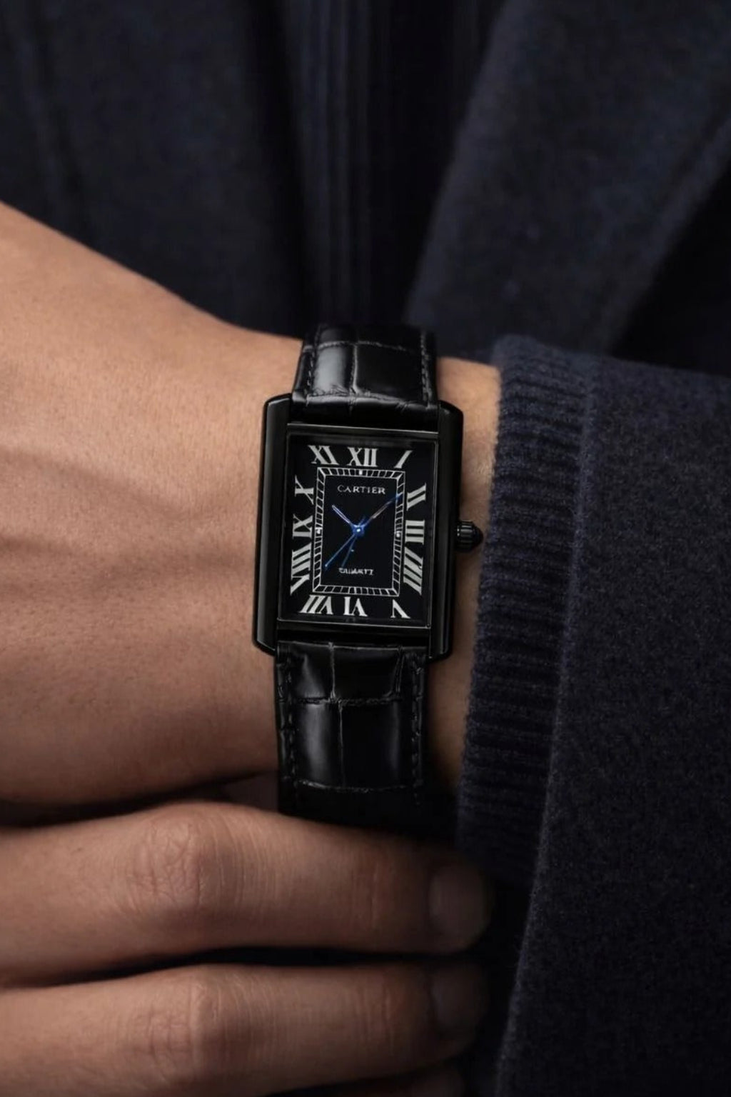 Luxury Black Cartier Watch Premium Black Leather Strap