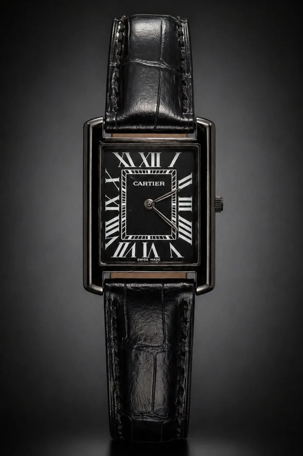Luxury Black Cartier Watch Premium Black Leather Strap
